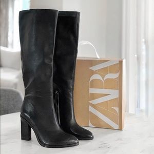 NWT Zara Slouchy High Heel Black Leather Boots